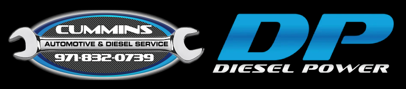 Image depicts the Cummins Automotive & Diesel Service logo above another logo, the DP DIesel Power logo, which represents Cummins Automotive & Diesel Services' superb service of servicing diesel engines for maximum manufacturer power efficiency and output.