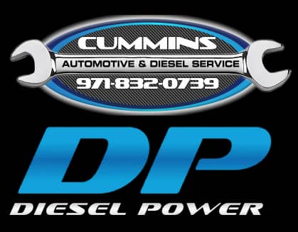 Image depicts the Cummins Automotive & Diesel Service logo above another logo, the DP DIesel Power logo, which represents Cummins Automotive & Diesel Services' superb service of servicing diesel engines for maximum manufacturer power efficiency and output.